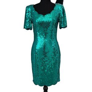 VINTAGE 80s Emerald Green Niteline Della Roufogali Sequin Cocktail Dress Sz 4